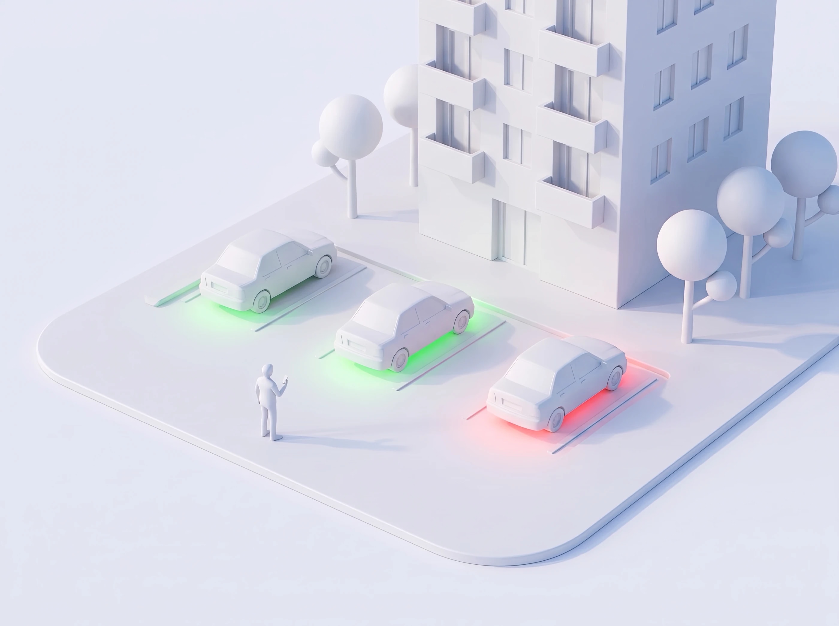 Maquette blanche : le concierge sur le parking, deux voitures autorisées en vert et une non annoncée en rouge