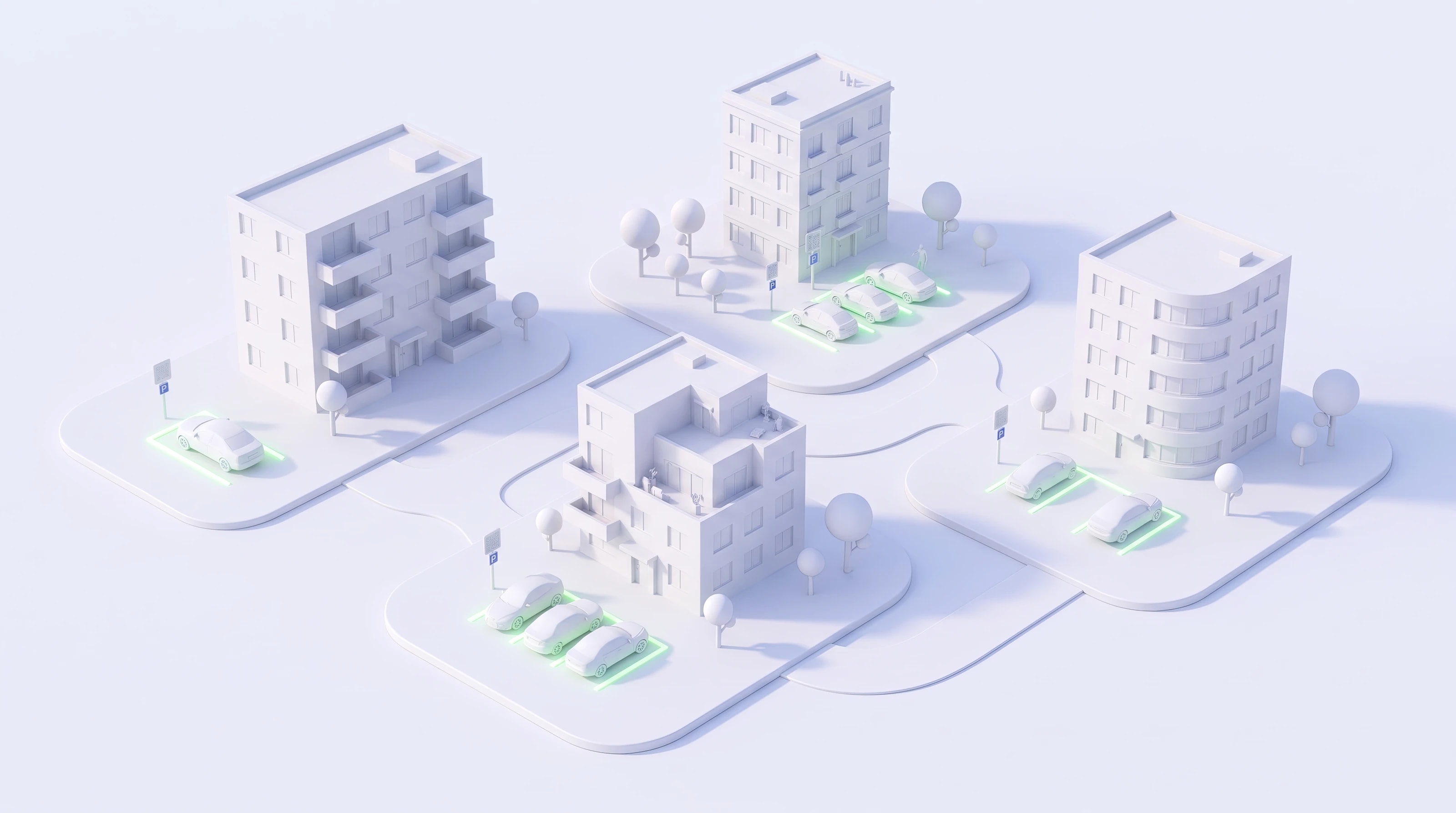 Maquette blanche de quatre immeubles, chacun avec ses places visiteurs