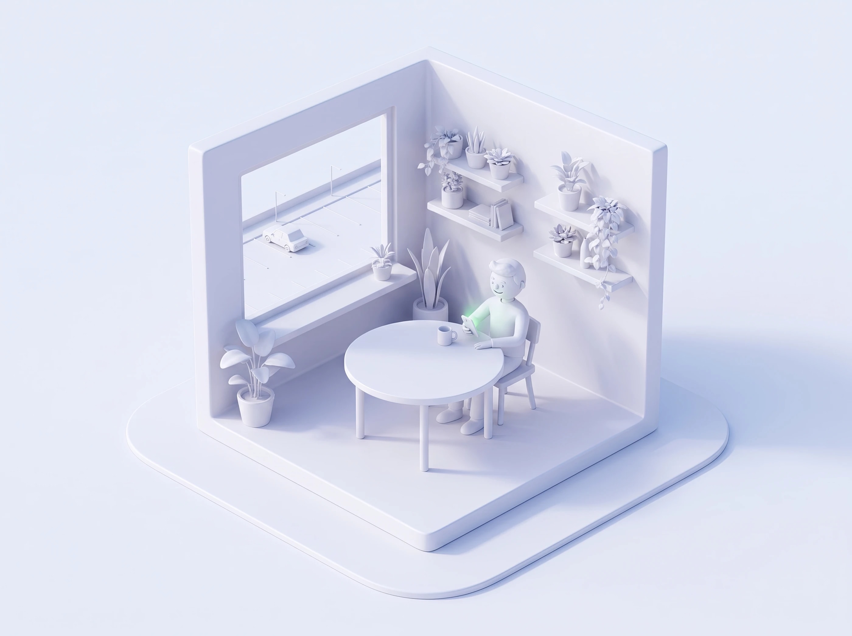 Maquette blanche : une résidente assise à sa table répond sur son téléphone