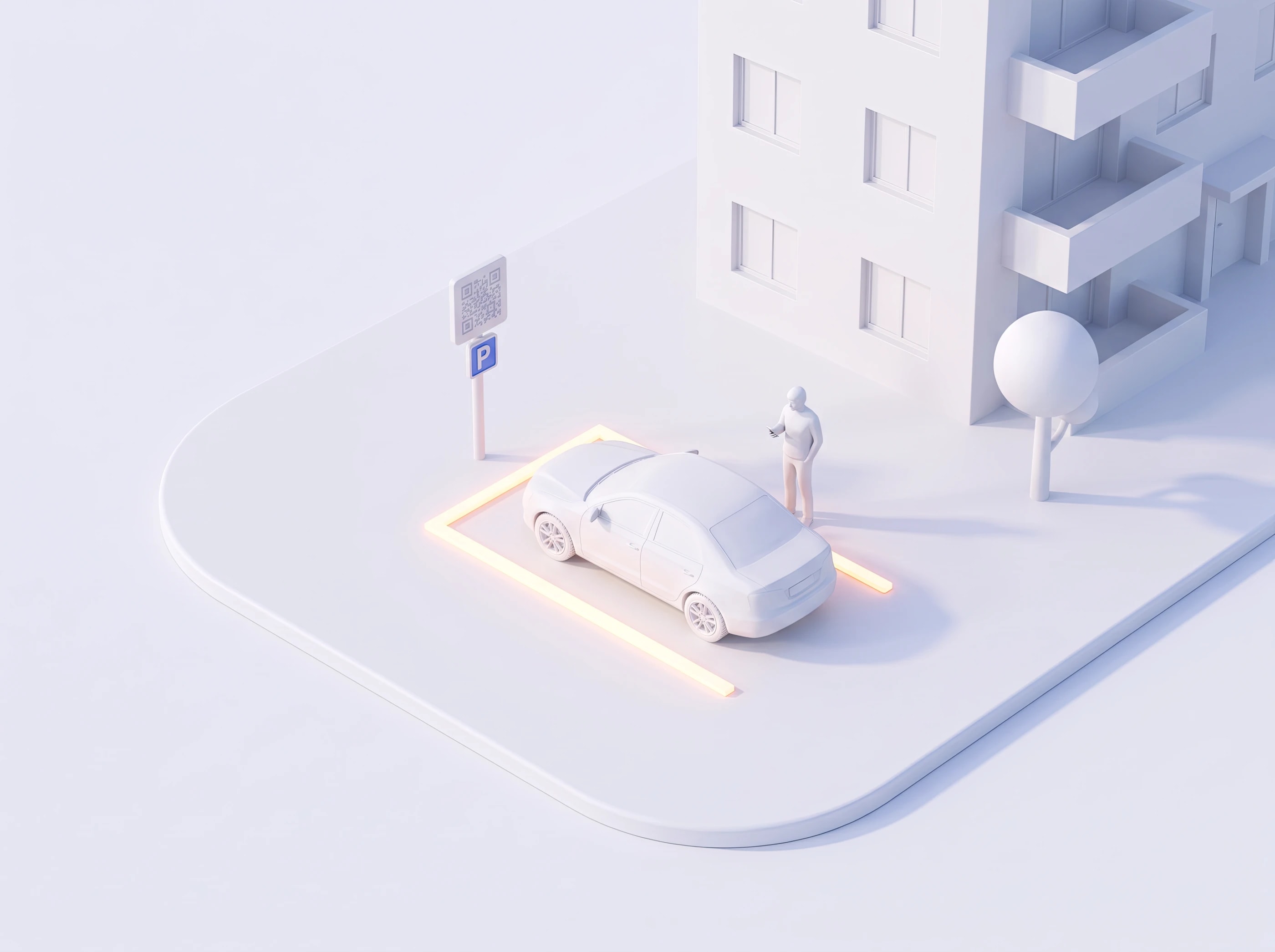 Maquette blanche : une voiture entre sur une place visiteur, son conducteur tient son téléphone près du panneau à QR code