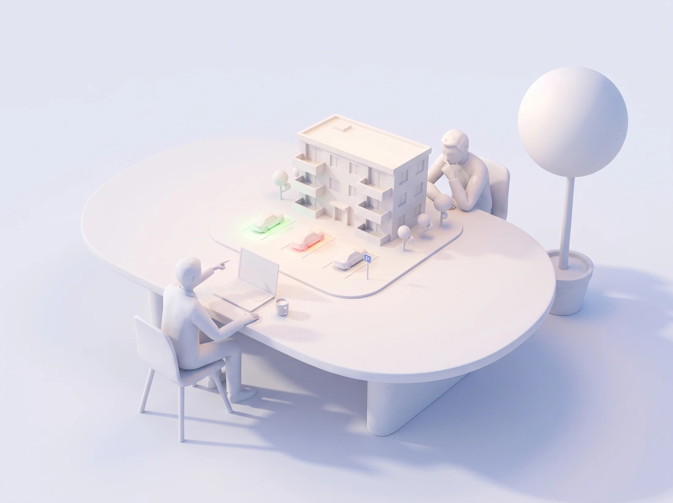 Maquette blanche : deux personnes autour d'une table discutent devant la maquette d'un immeuble et de ses places visiteurs