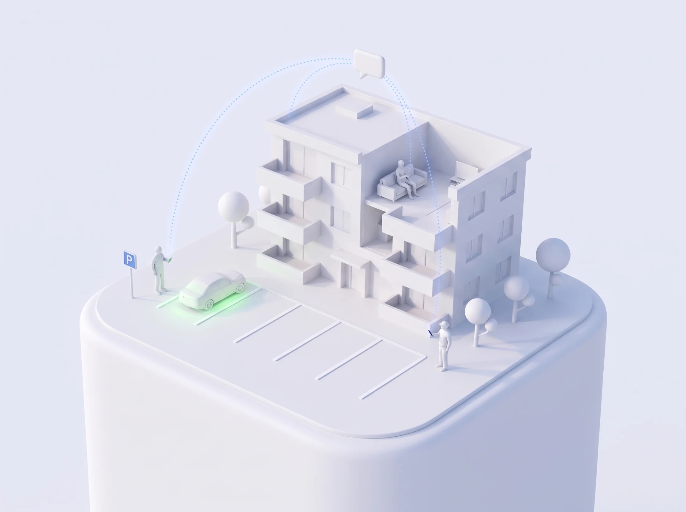 Maquette blanche : l'immeuble ouvert comme une maison de poupée, le visiteur, la résidente et le concierge reliés par l'agent