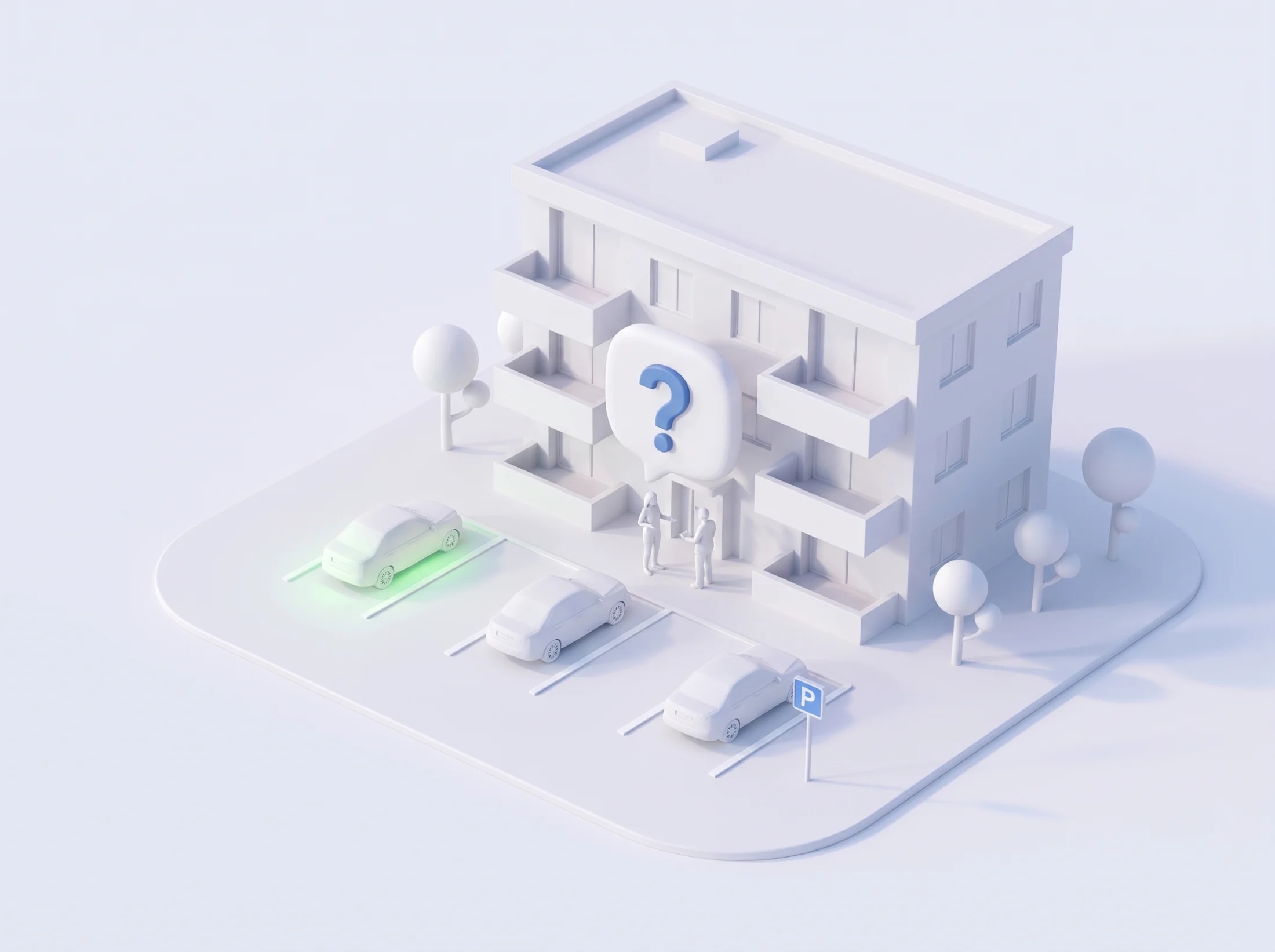 Maquette blanche : une résidente et le concierge discutent devant l'immeuble, sous une bulle avec un point d'interrogation bleu