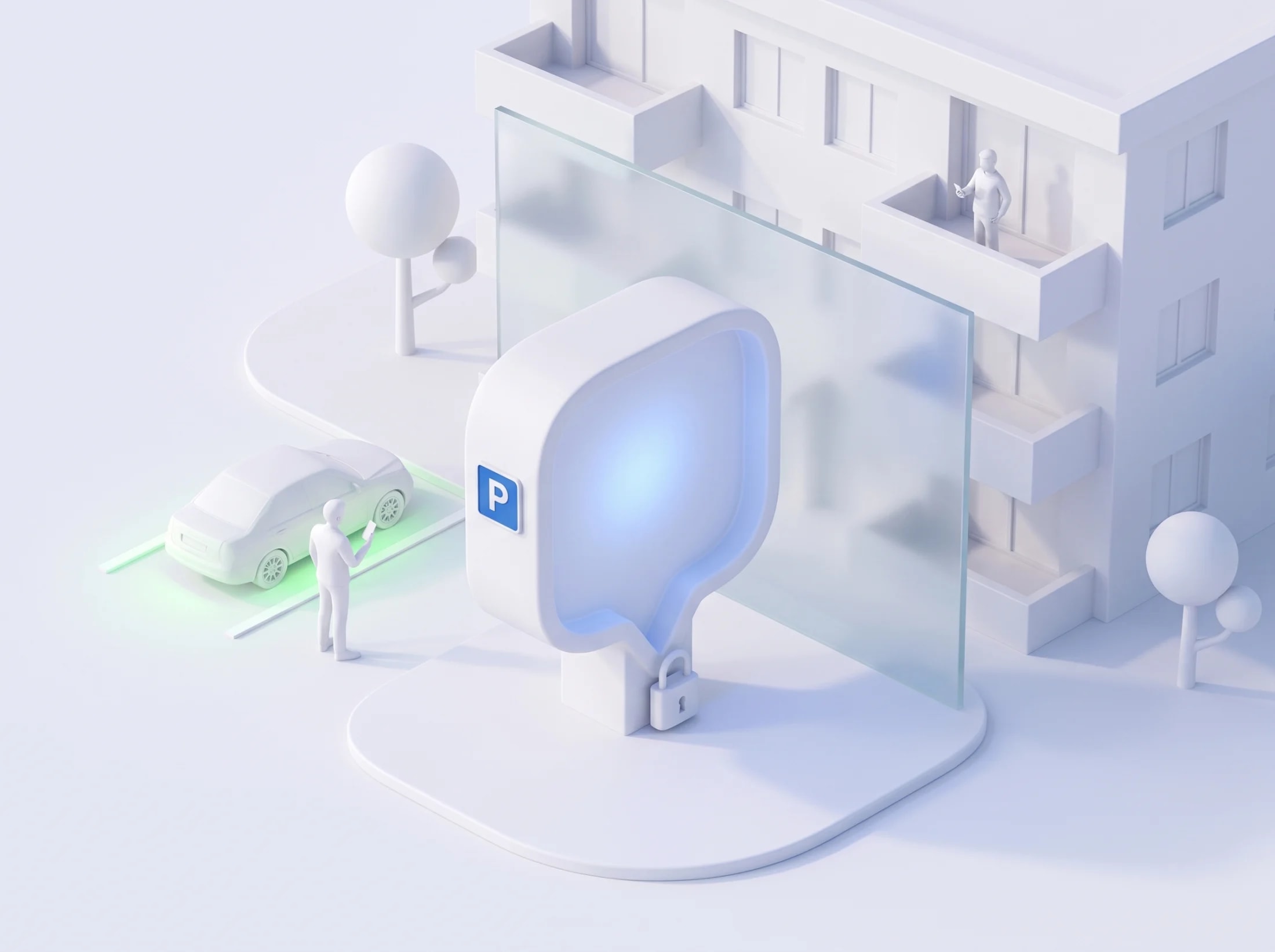 Maquette blanche : une bulle de message munie d'un cadenas se tient entre le visiteur sur le parking et la résidente au balcon, séparés par une vitre dépolie