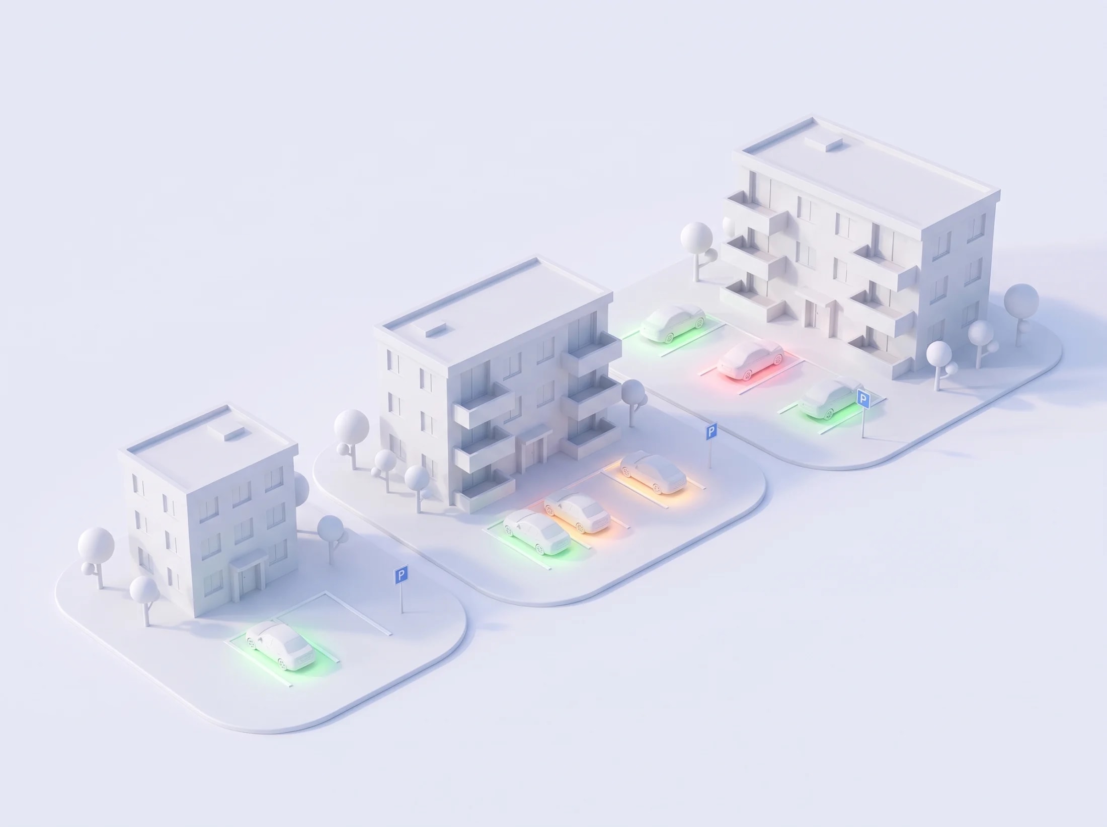 Maquette blanche : trois immeubles de taille croissante, chacun avec son parking visiteurs et son panneau P